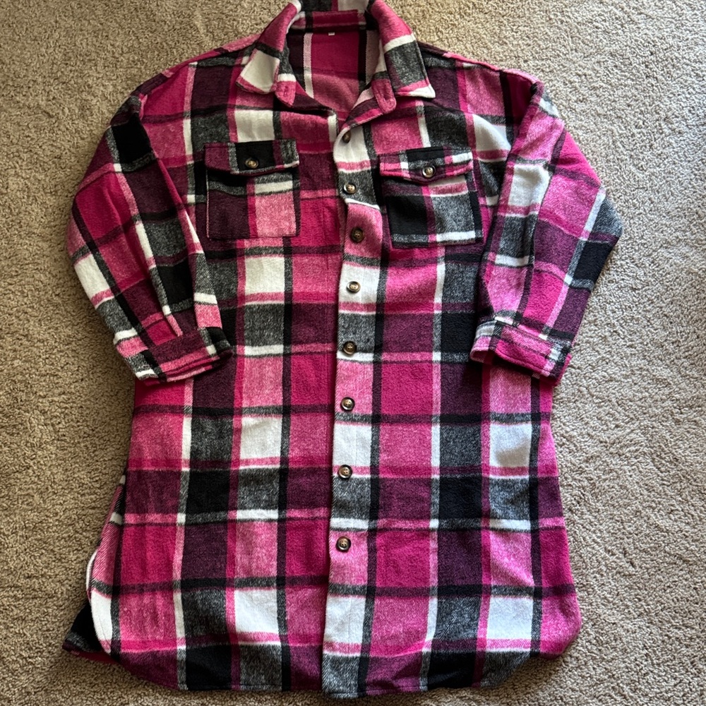 Women's Pink and Black Plaid Button Down Shirt